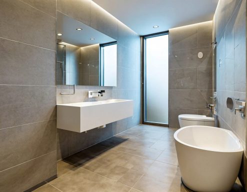 Modernes Badezimmer mit fließendem Design, großer Spiegel, Waschbecken und freistehender Badewanne.