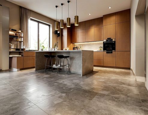 Moderne Küche mit Holzschränken, einer Insel und eleganten Pendelleuchten.